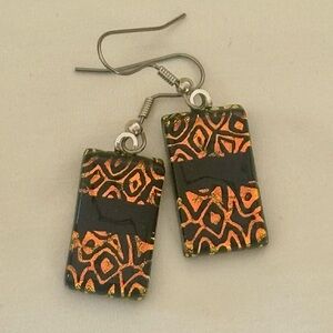 Handmade Artisan Glass Dangle Earrings Black & Copper Foil Rectangular New